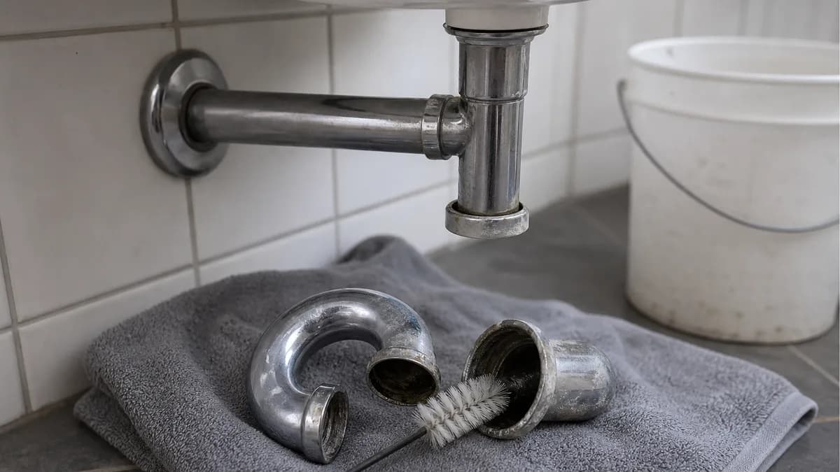 Siphon unter Waschbecken wird mit Bürste und Eimer mechanisch gereinigt