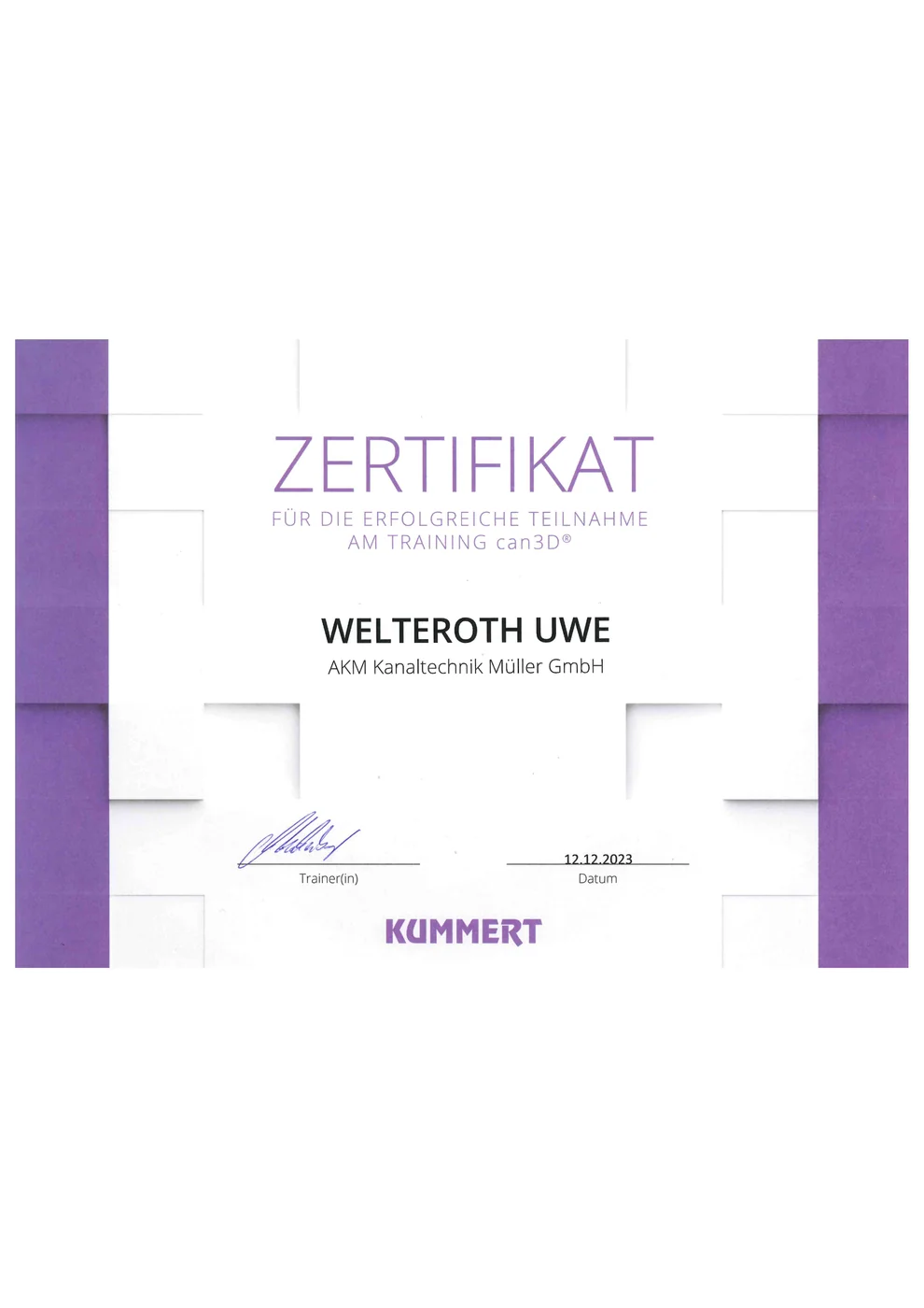 Schulungsbescheinigung Kummert Trainingscenter §D 2023 — Welteroth