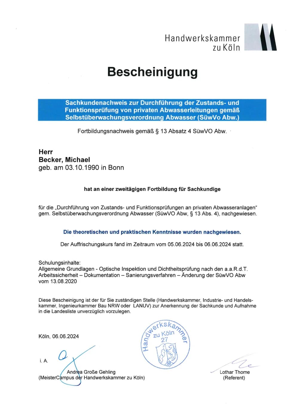 Bescheinigung Michael Becker 2024 — Kanal-TV-Untersuchung