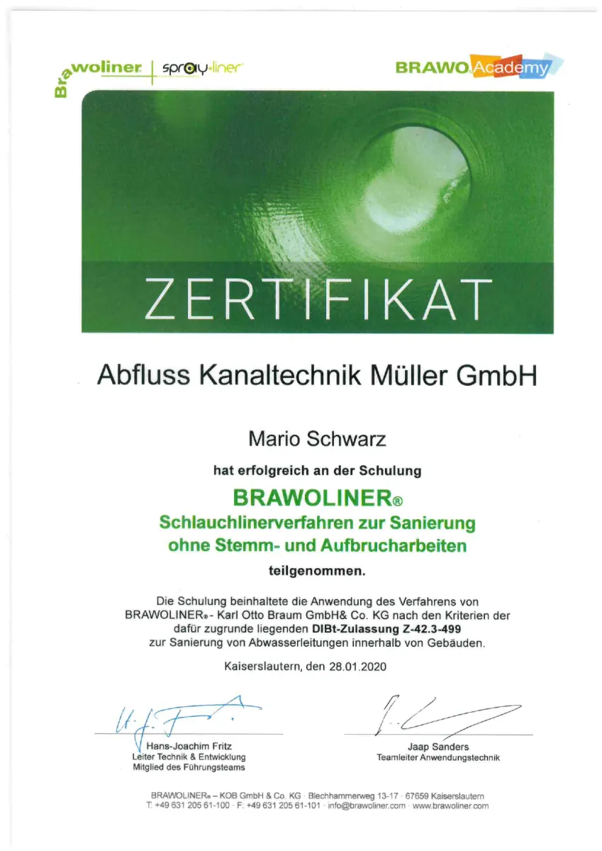BRAWOLINER Schulung Schlauchlinerverfahren — Mario Schwarz