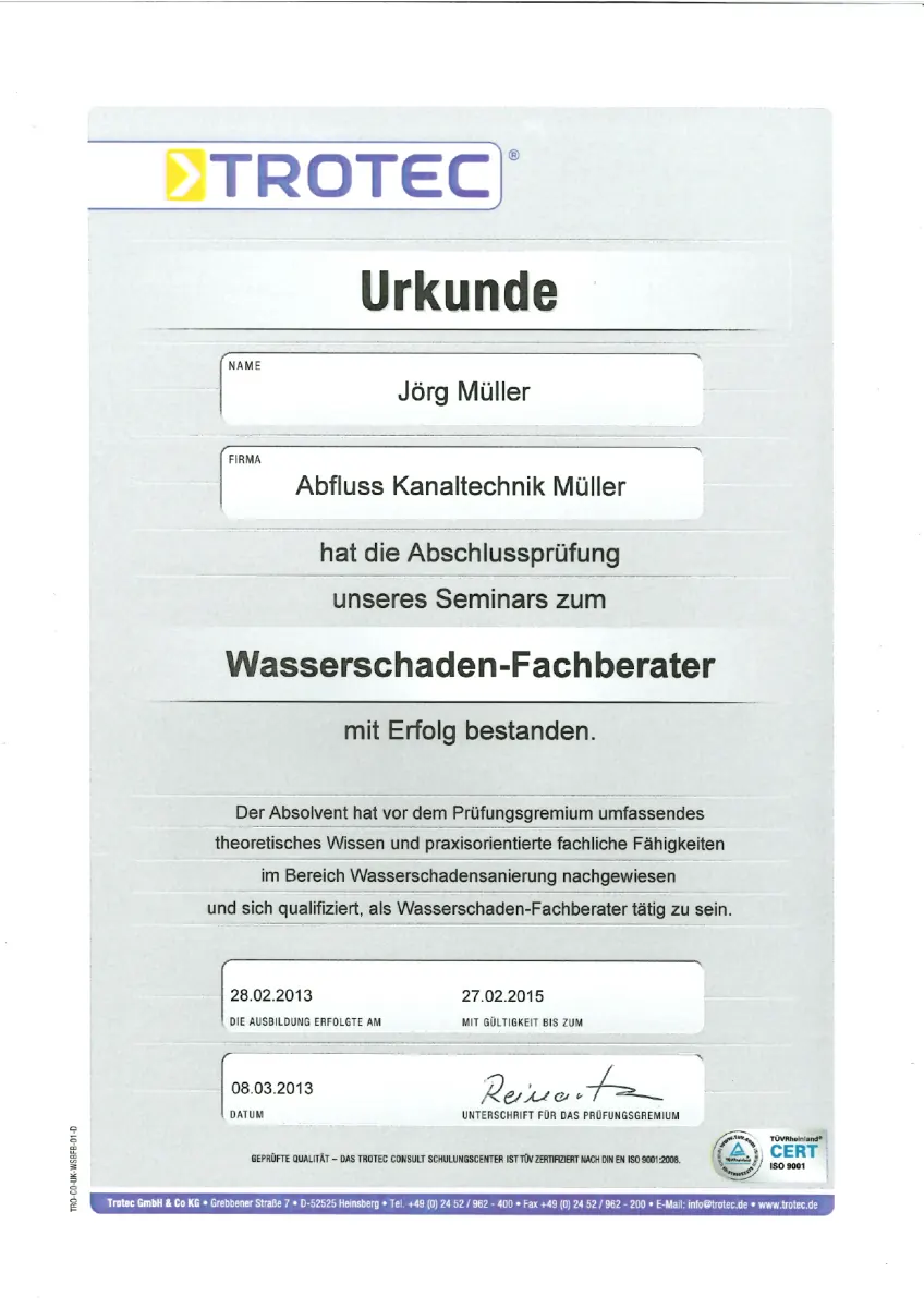 TROTEC Urkunde Wasserschaden-Fachberater — Jörg Müller 2013