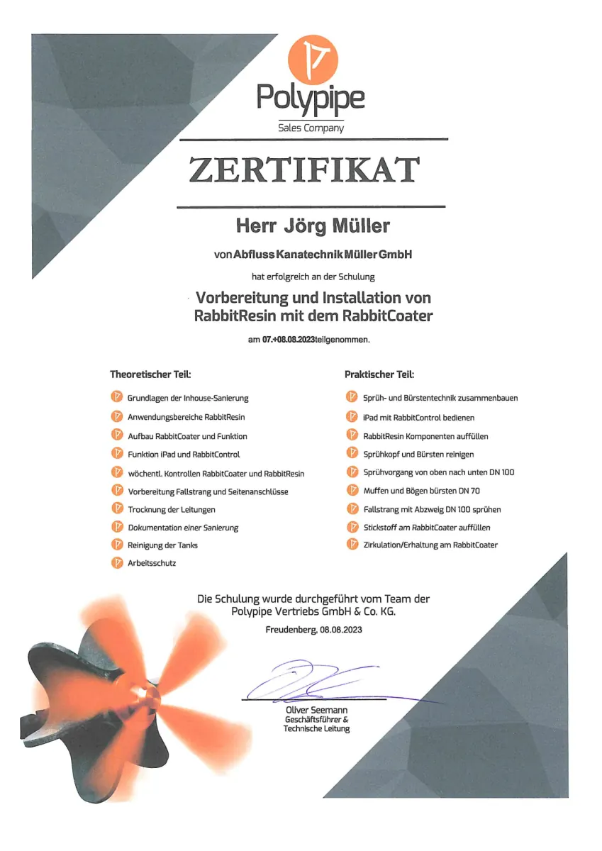 Polypipe-Zertifikat RabbitResin / RabbitCoater — Jörg Müller 2023
